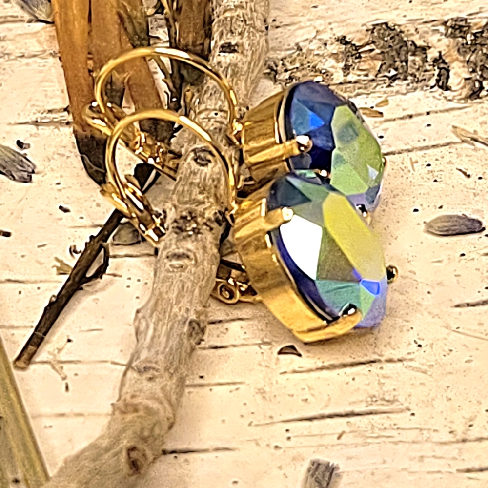 Blue So Very Metallic Swarovski Crystal In Gold Plated Drop Down Earrings - Picture 3 of 6